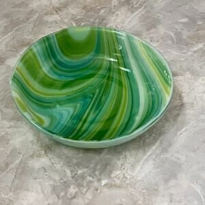 Handcrafted Fused Glass Serving Bowl 8" Centerpiece Green Tones Swirl Design